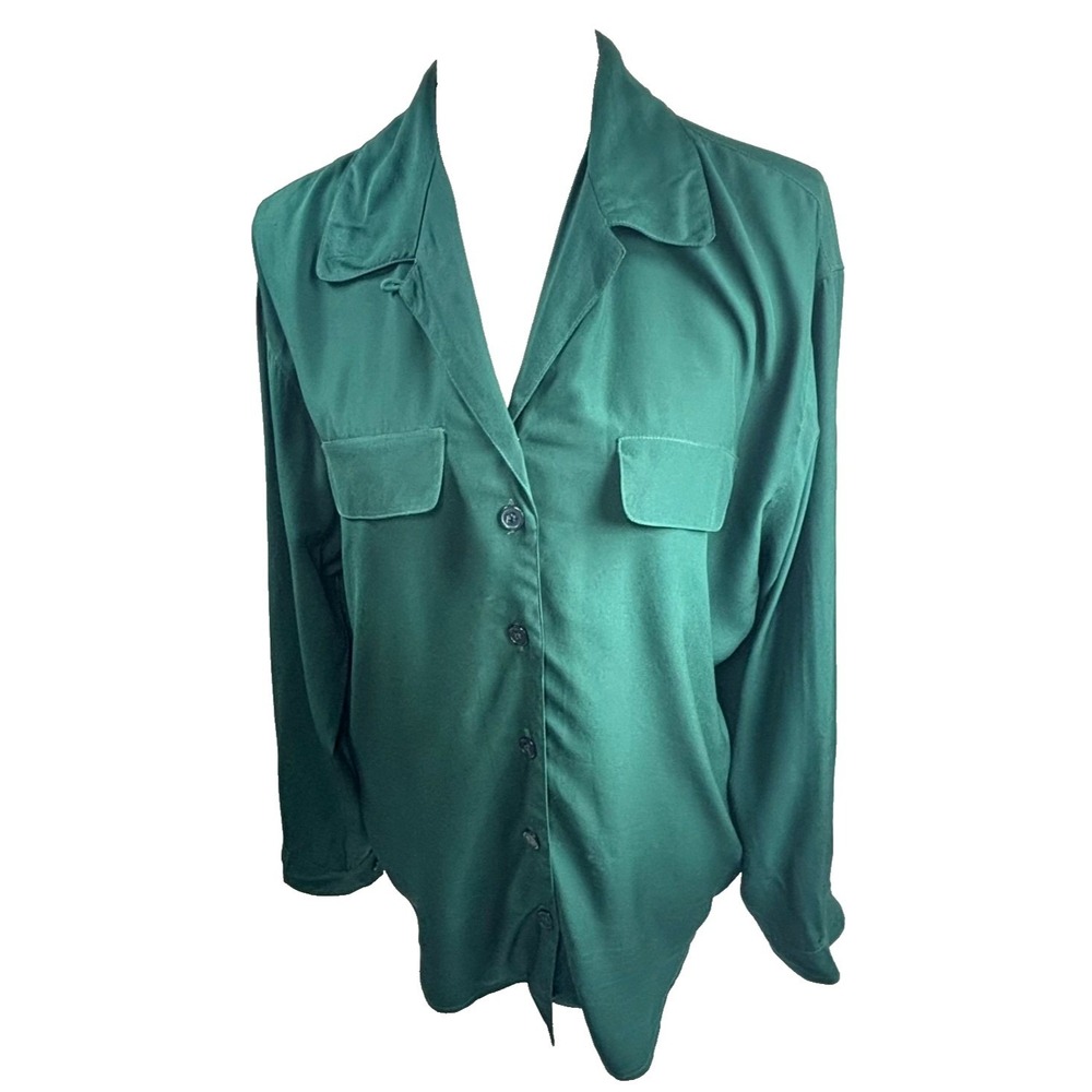 Chaus Button Up Shirt Green Silk Ribbed Texture Vintage Womens Size 10